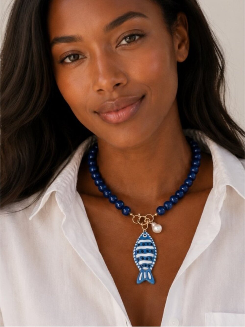 New! Coastal Blue Fish Beaded Necklace